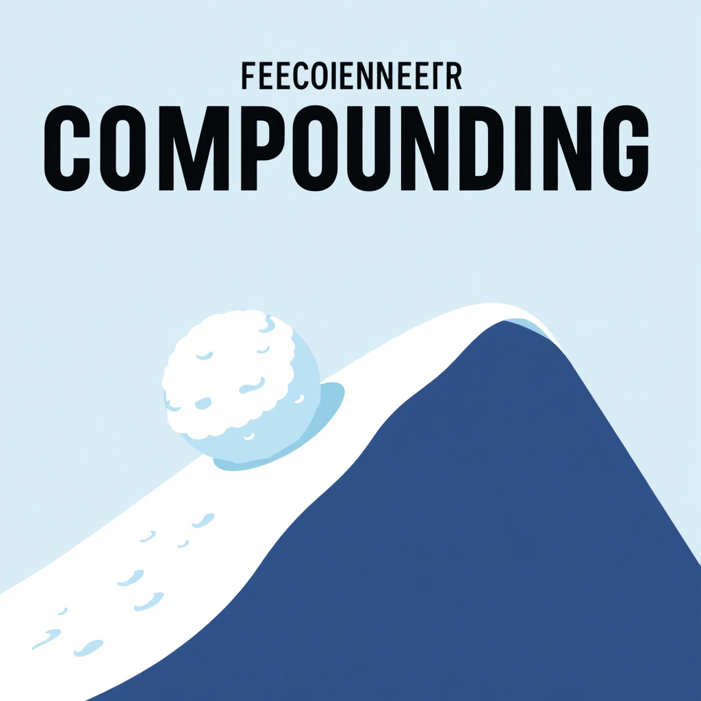Generate a digital illustration of a snowball rolling down a hill, gathering more snow as it goes. The snowball represents the power of compounding, and the hill symbolizes time. The snowball should be growing larger and larger as it rolls down the hill. Use a clean, minimalist style with bold colors and smooth gradients. The image should evoke a sense of growth, momentum, and the exponential power of compounding.