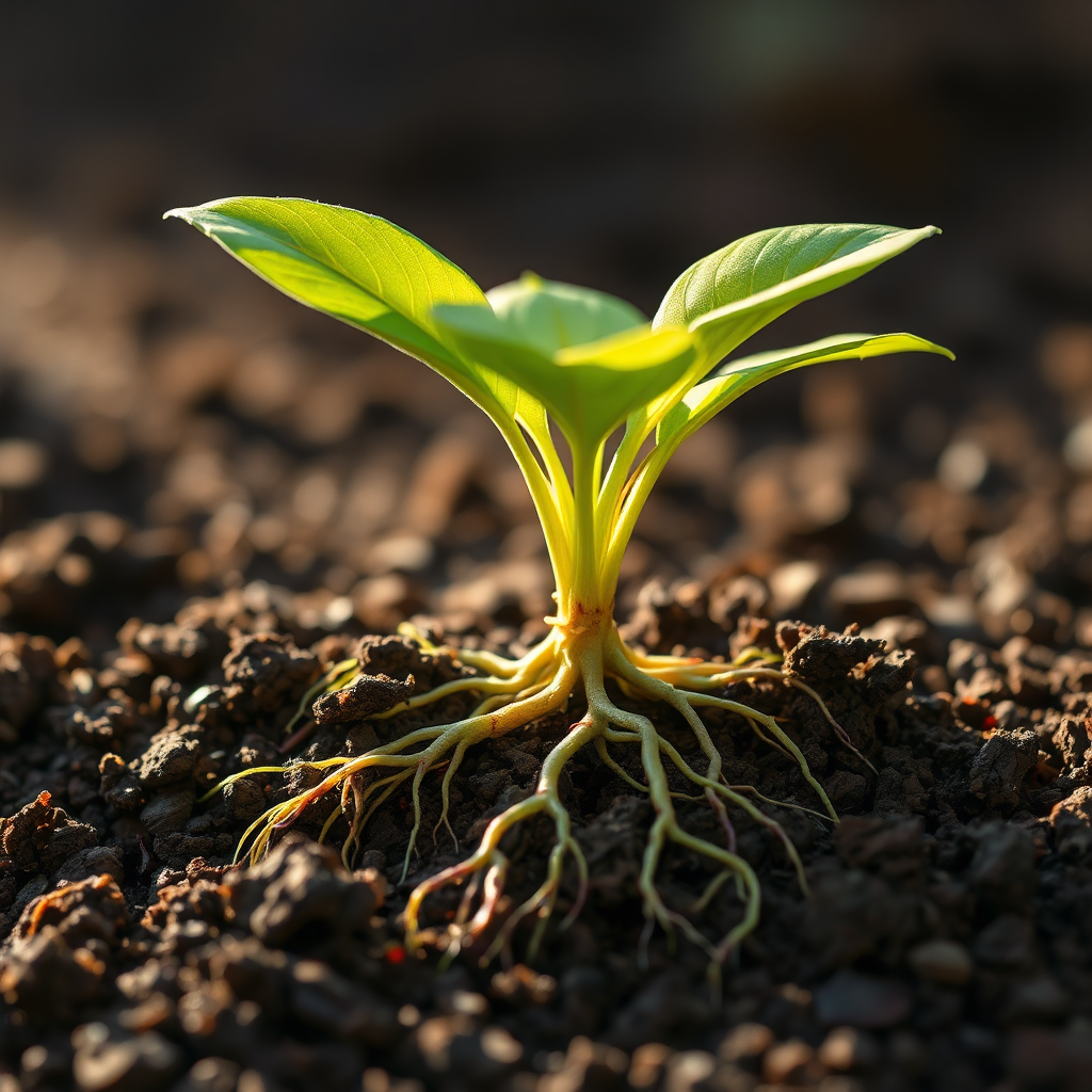 Generate a photorealistic image of a growing plant with roots deeply embedded in fertile soil. Each root represents an investment, and the growing plant symbolizes wealth accumulation through SIP. Sunlight should be gently illuminating the plant. Focus on textures: rich soil, vibrant green leaves, and strong, healthy roots. The color palette should be earthy tones complemented by vibrant greens and golds. Aim for a close-up shot, emphasizing the details of growth and stability. This visual should evoke a sense of consistent growth and long-term wealth building.