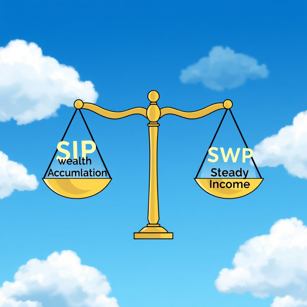 Illustrate a balanced scale, with 'SIP - Wealth Accumulation' on one side and 'SWP - Steady Income' on the other. Both sides should be perfectly balanced. The scale should be set against a backdrop of a clear blue sky with fluffy white clouds. The style should be clean and modern, with a focus on visual balance and harmony. Use a color palette of blues, greens, and golds to convey trust, growth, and prosperity. This image should symbolize the perfect balance between wealth accumulation and income generation.