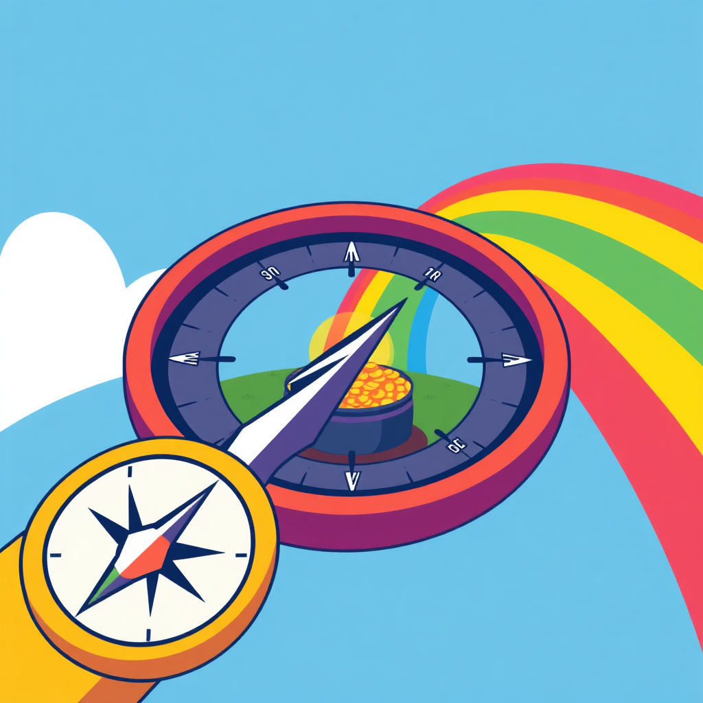 Illustrate a compass pointing towards a pot of gold at the end of a rainbow. The compass symbolizes expert guidance, and the pot of gold represents wealth accumulation. The style should be stylized and aspirational, with bright, vibrant colors. The image should evoke feelings of guidance, direction, and achieving financial goals through SIP.