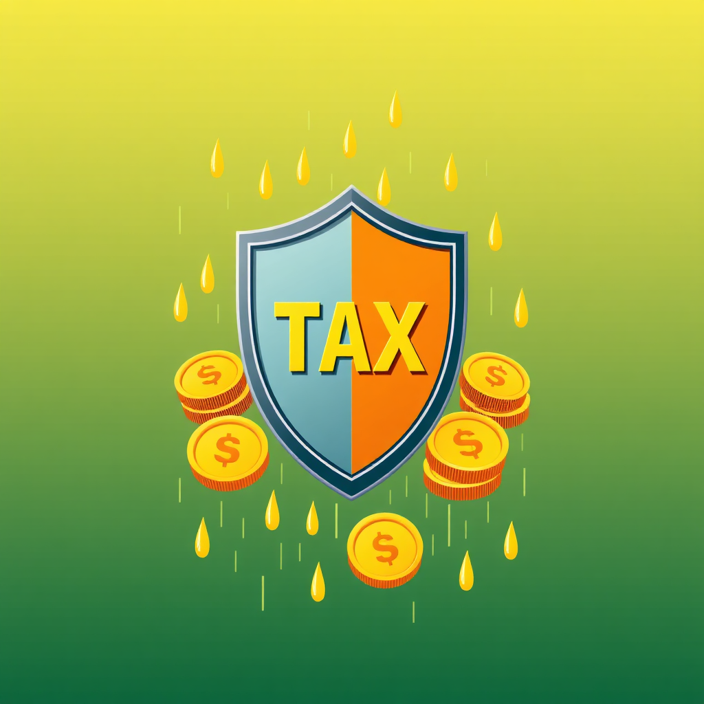 Illustrate a shield protecting golden coins from raindrops representing taxes. The shield symbolizes SWP's tax efficiency. The background should be a soft gradient of greens and golds. Adopt a clean, minimalist style with bold colors and smooth gradients. The image should evoke feelings of protection, tax efficiency, and maximizing returns.