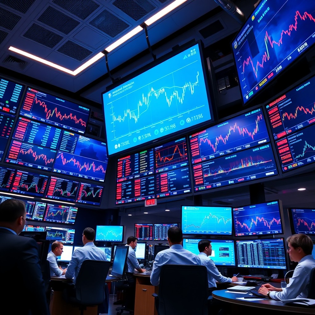 Imagine a high-tech trading floor with multiple screens displaying real-time market data and charts. The room buzzes with energy as financial analysts collaborate and make strategic decisions. The lighting is dynamic and modern, reflecting the fast-paced nature of the financial markets.