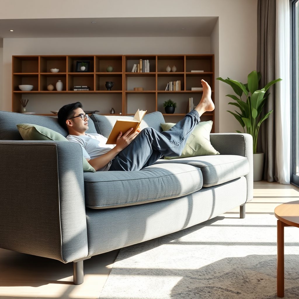 A person relaxing at home with a book, recovering comfortably thanks to financial security