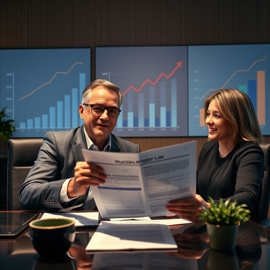 Picture a sophisticated financial advisor sitting at a desk, reviewing a personalized retirement plan with a client. The advisor is explaining the plan with enthusiasm, while the client looks confident. In the background are projections of successful investment portfolio growth. Capture a sense of trust and expertise with warm, professional lighting.