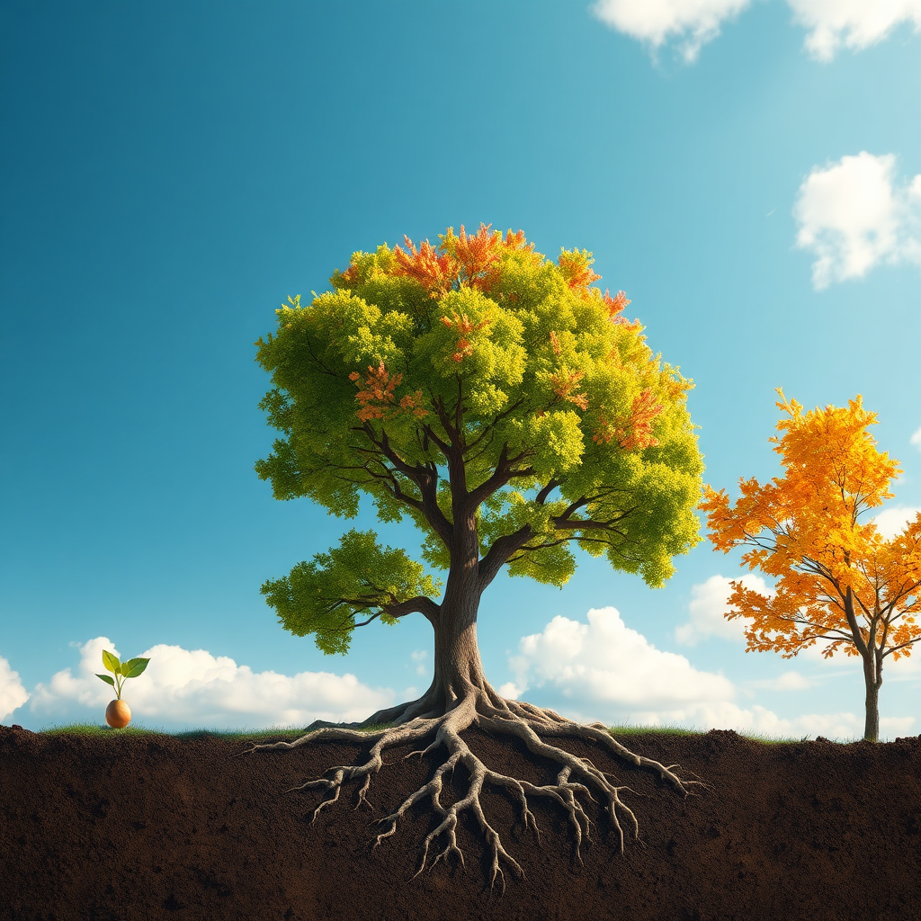  Visualize a time-lapse animation of a small seed growing into a large, flourishing tree. The tree represents retirement savings, and the animation symbolizes the power of compounding interest over time. The environment transitions from early spring to late autumn, showcasing the growth and maturity of the investment. Use a photorealistic style with vibrant colors and intricate details to illustrate the concept of long-term growth. Focus on the roots digging deep into fertile soil to represent a solid foundation. The animation culminates with the tree bearing fruit, symbolizing retirement income.