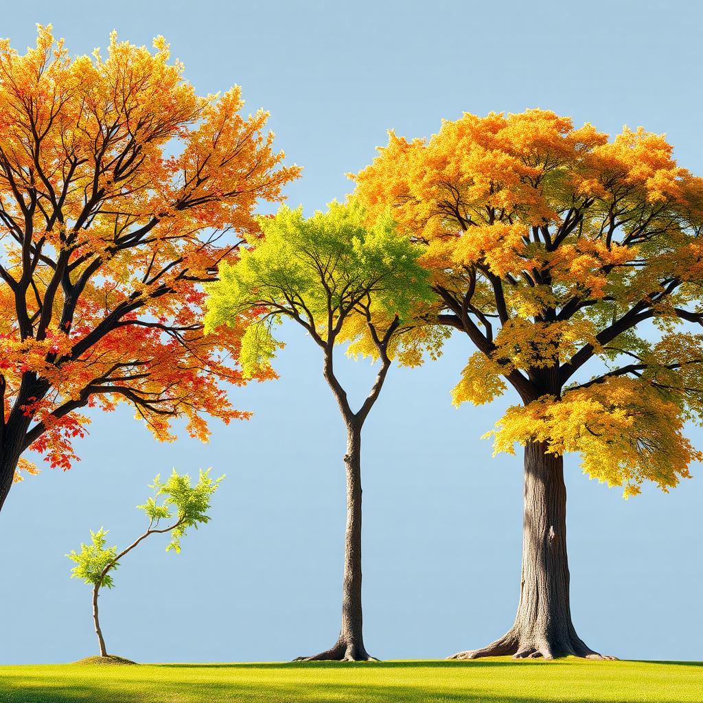 Visualize a time-lapse of a tree growing from a small sapling to a large, mature tree over several decades. The background changes from spring to summer to autumn, representing the passage of time. The tree symbolizes long-term investment. Aim for a photorealistic style, capturing the details of the tree bark, leaves, and changing seasons. The color palette should be warm and inviting, with vibrant greens and golds. This image should evoke a sense of patience, long-term growth, and the power of starting early.