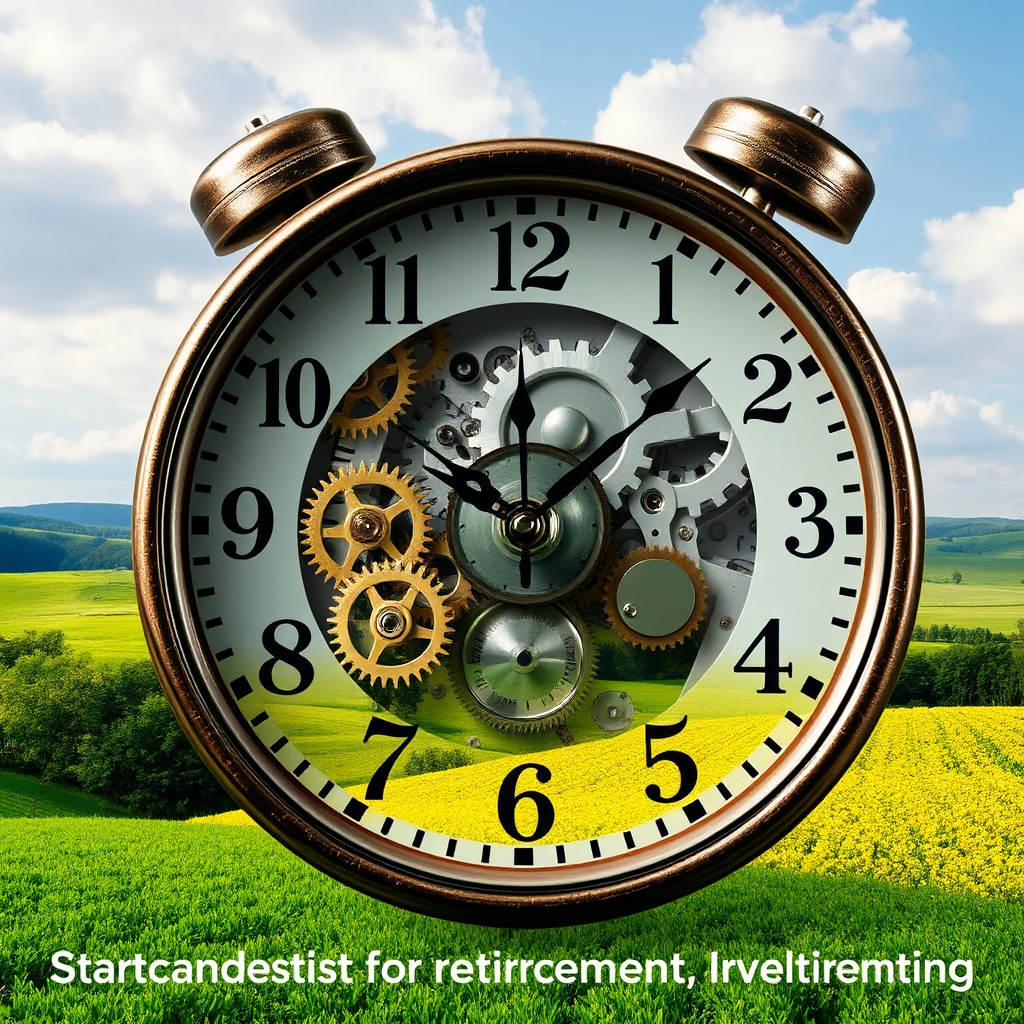 Visualize an old-fashioned clock with gears turning, superimposed over a lush green landscape. The clock hands are moving forward, but at a slightly accelerated rate. The landscape gradually transforms from spring to summer, highlighting the passage of time and growth. The style is photorealistic with a touch of fantasy, emphasizing the preciousness of time. Focus on the intricate details of the clock mechanism and the vibrant colors of the landscape. This image represents the compounding benefits of starting early for retirement investing.