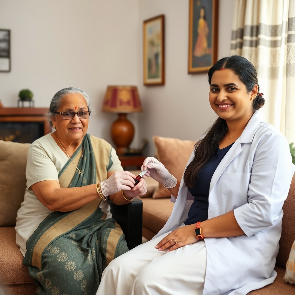 Certified lab technician collecting blood sample at home in Trivandrum
