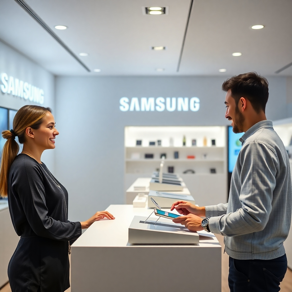 A clean, minimalist shot of a Samsung Mobile Store checkout counter. A satisfied customer is completing their purchase with a friendly cashier.  Focus on the streamlined checkout process and the positive interaction. The overall mood should be calm and efficient.