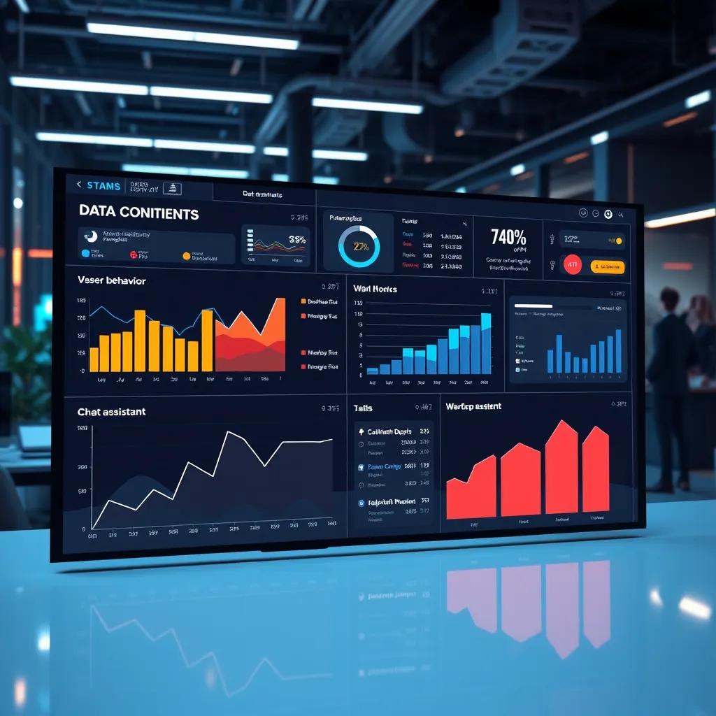 A data visualization dashboard with charts and graphs showing website traffic, user behavior, and chat assistant interactions. The dashboard is projected onto a futuristic, tech-driven office setting, highlighting the data-driven nature of AI assistants.
