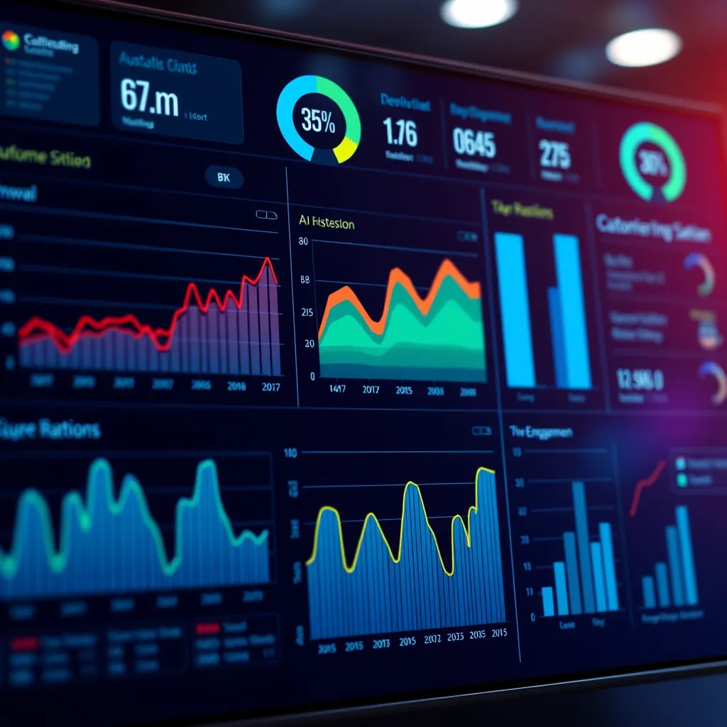 A data visualization dashboard with charts and graphs, showcasing insights gained from AI chatbot interactions. A website interface is visible in the background, with user interface elements highlighting key performance indicators related to customer engagement and satisfaction.