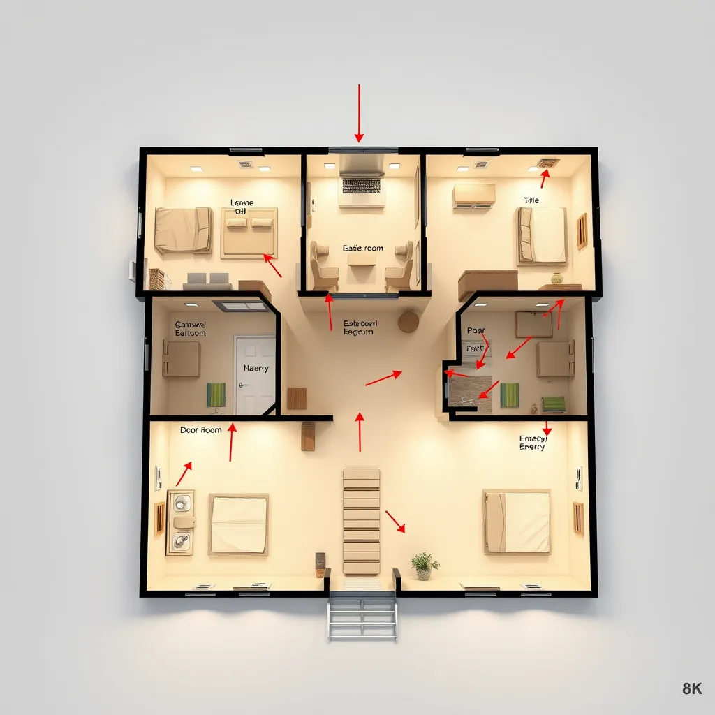 A detailed, photorealistic illustration of a house plan with various rooms labeled, highlighting the placement of windows and doors, and depicting a clear flow of energy with arrows.