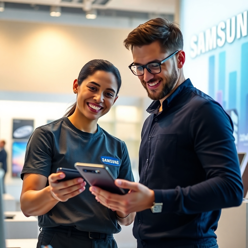 A friendly Samsung employee smiling and assisting a customer in a brightly lit, modern Samsung mobile store.  The customer is looking at a Samsung Galaxy phone. The store is clean and displays various Samsung products. Photorealistic style, sharp focus, warm lighting.