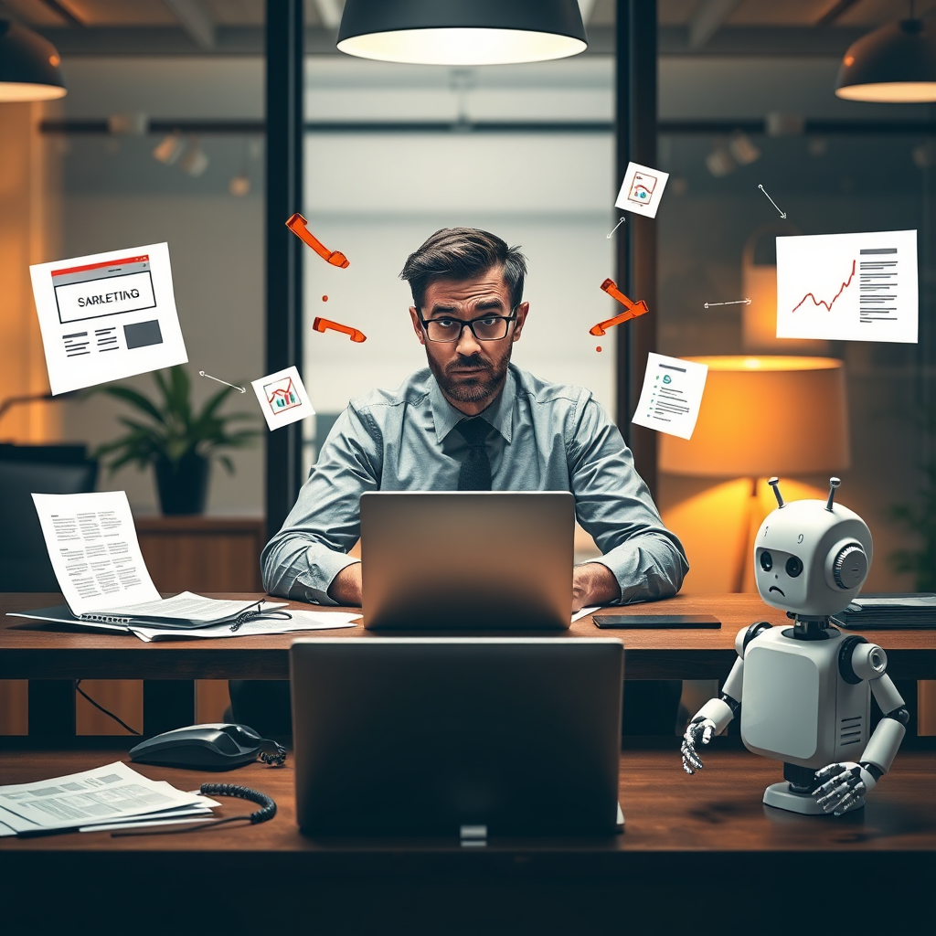 Business owner frustrated with disconnected marketing tools