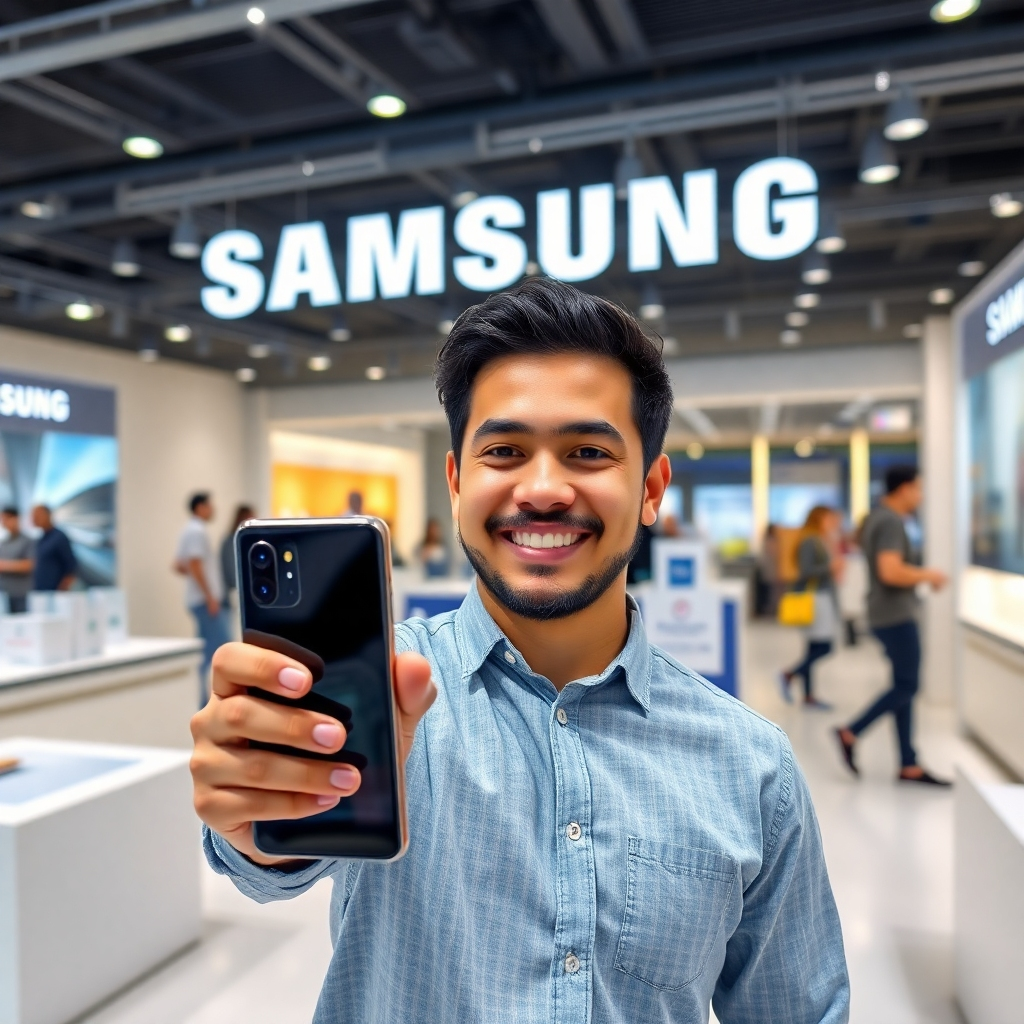 A happy customer holding a new Samsung Galaxy phone, smiling at the camera in a modern Samsung store. The background should show a clean, organized, and inviting store environment with other customers browsing calmly.  Photorealistic style, sharp focus, natural lighting.