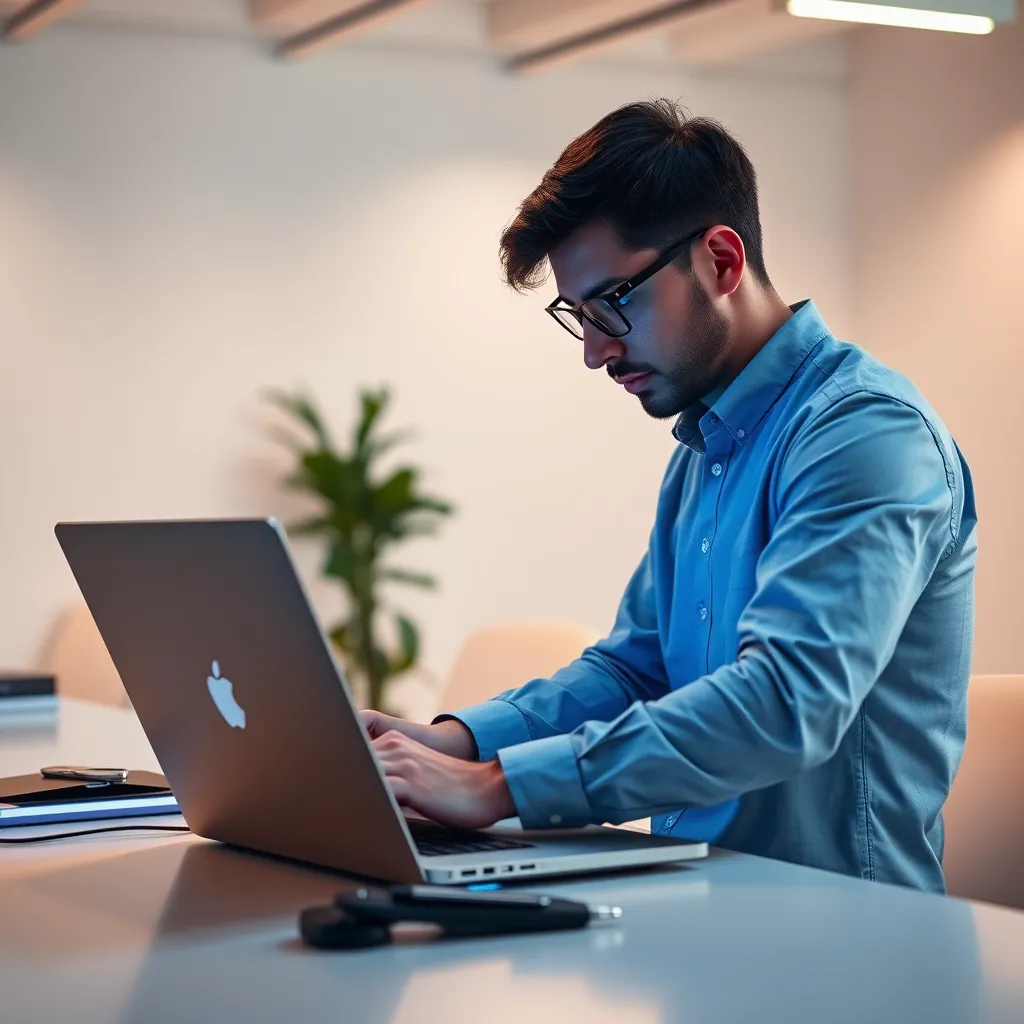 A hyperrealistic image depicting a developer working on a laptop, seamlessly integrating a Chatzy AI chatbot into a website interface. The scene should be set in a modern, well-lit office with a minimalist aesthetic. The developer is focused and engaged, using specialized tools and code to effortlessly connect the chatbot to the website. The image should emphasize the ease and efficiency of the integration process. The lighting should be soft and diffused, creating a calm and focused atmosphere. Render the image in 8K resolution, showcasing the intricate details of the code and the seamless integration of the chatbot into the website interface. The overall style should be professional and modern, reflecting the efficiency and reliability of Chatzy's services.