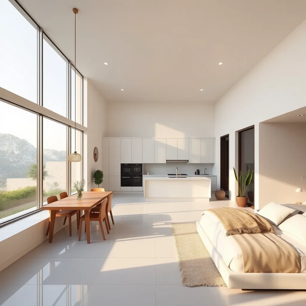 A modern, minimalist house with large windows facing east, a spacious kitchen and dining area in the southeast, and a master bedroom with attached bathroom in the southwest, all done in accordance with Vastu principles.