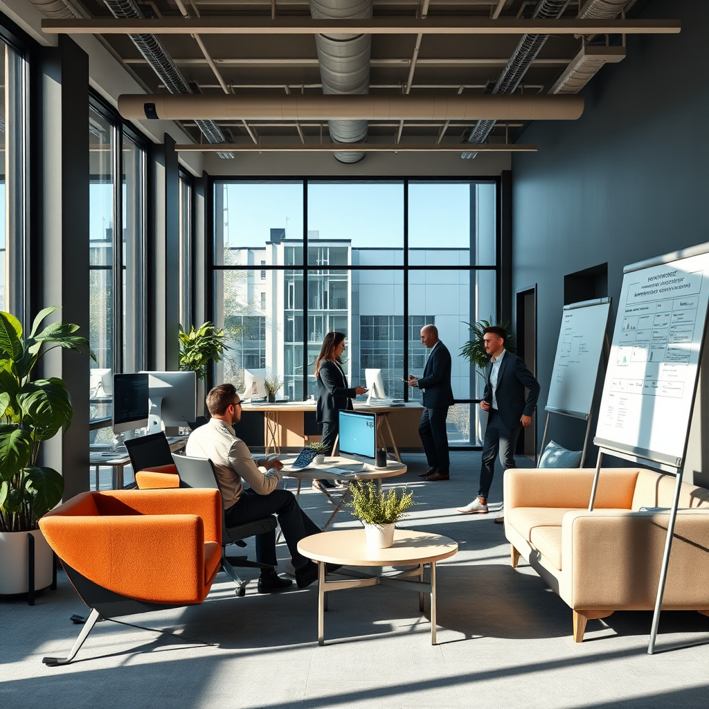 Modern CA firm workspace with professionals collaborating