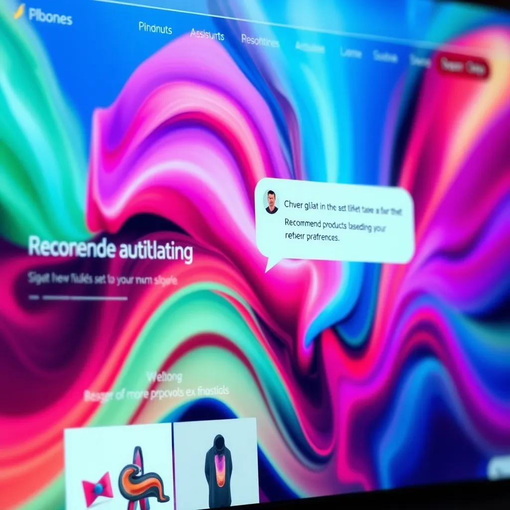 A modern website with a chat assistant bubble in the corner. The chat assistant is having a conversation with a user, recommending products based on their preferences. The website background is filled with vibrant colors and dynamic imagery, reflecting a personalized experience.