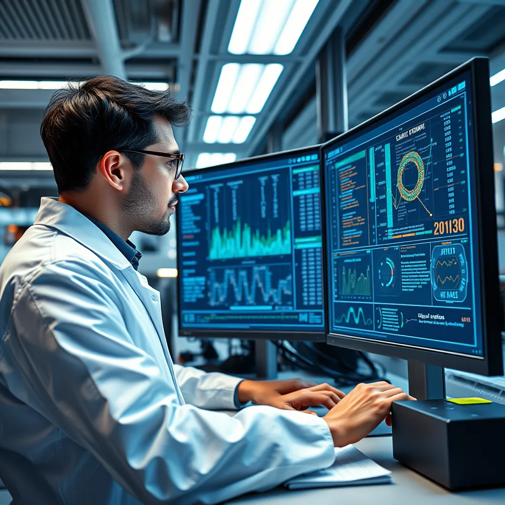 A photorealistic, ultra-high quality image depicting a data scientist working with a large dataset of customer interactions on a large monitor. The data scientist is using sophisticated machine learning algorithms to train and optimize a Chatzy AI chatbot. The scene should be set in a modern, high-tech lab, with a futuristic and minimalist design. The data scientist is surrounded by advanced equipment and displays, highlighting the sophisticated technology behind the chatbot training process. The image should convey a sense of precision, innovation, and continuous improvement. The lighting should be bright and vibrant, highlighting the data scientist's focused expression and the dynamic nature of the training process. Render the image in 8K resolution, showcasing the intricate details of the data visualizations, the complex algorithms, and the sophisticated tools used for training the Chatzy AI chatbot. The overall style should be futuristic and scientific, emphasizing the cutting-edge technology behind Chatzy's AI chatbot training.
