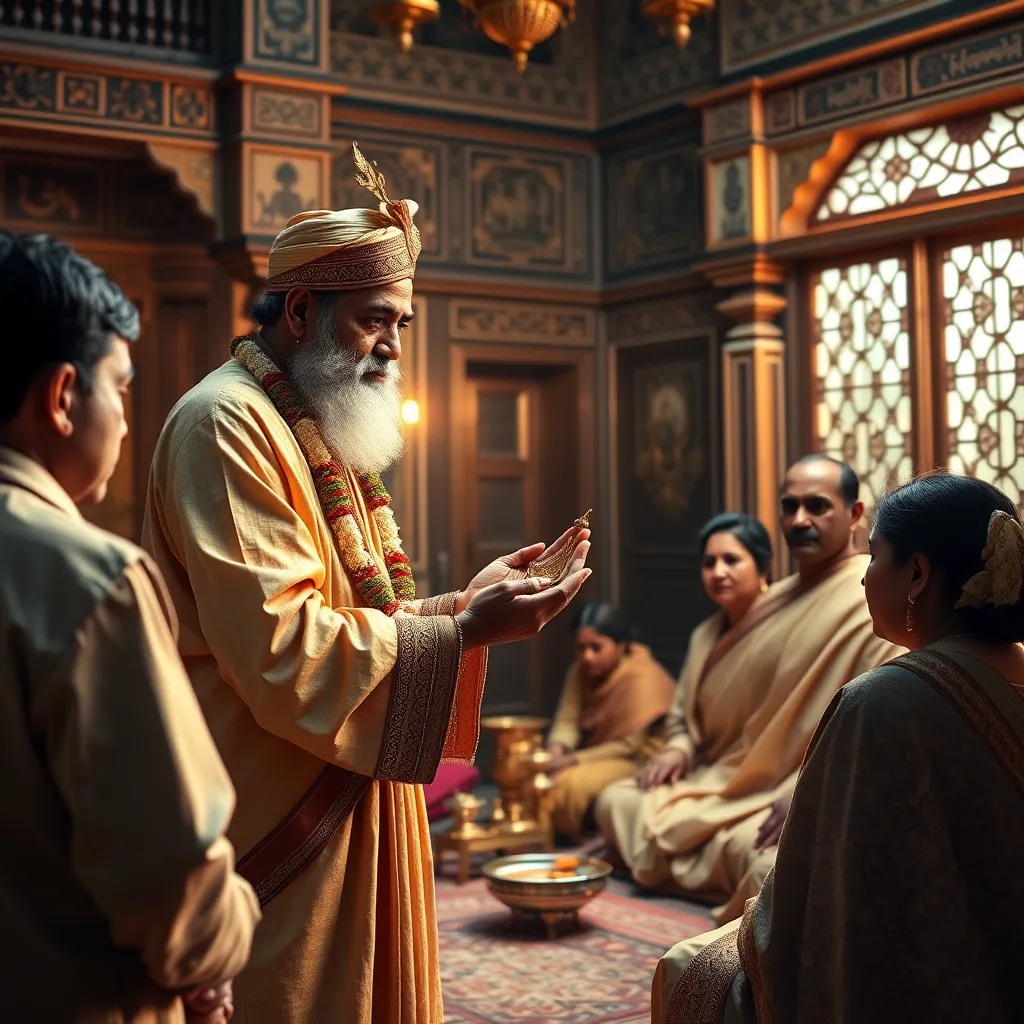 A photorealistic, ultra-high quality image depicting a Vastu expert performing a house blessing ceremony. The expert is wearing traditional attire and holding a sacred object, surrounded by family members and friends. The image should showcase a traditional home with intricate architectural details, symbolizing the importance of Vastu in Indian culture. The image should exude a sense of serenity and spirituality, highlighting the positive energy brought by Vastu practices. The lighting should be soft and warm, creating a peaceful and auspicious atmosphere. The image should capture the details of the ceremony, including the rituals, mantras, and offerings, showcasing the importance of these practices in achieving a harmonious and prosperous life.