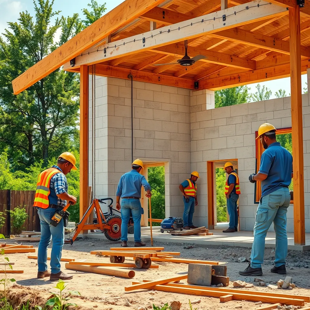A photorealistic, ultra-high quality image depicting the construction of a house with a focus on the integration of Vastu principles. The image should showcase a team of skilled construction workers, using modern machinery and traditional building techniques, while adhering to Vastu guidelines. The scene should be set on a sunny day, with the construction site surrounded by lush greenery, representing harmony with nature. The image should capture the dynamism and precision of the construction process, highlighting the importance of meticulous execution in accordance with Vastu principles. The lighting should be bright and natural, emphasizing the detail and skill of the workers.