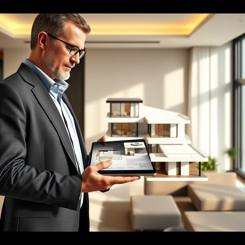 A photorealistic, ultra-high quality image of an architect presenting a 3D model of a modern, luxurious house to a client. The architect is wearing a professional outfit and holding a tablet displaying a detailed plan of the house. The background is a clean, minimalist office with natural light streaming in. The image should convey a sense of professionalism, trust, and meticulous planning. The image should be rendered in a cinematic style with a wide shot focusing on the architect and the model, capturing the interaction between them. The model should be detailed, showcasing the house's layout, features, and materials. The lighting should be soft and diffused, creating a warm and inviting atmosphere.