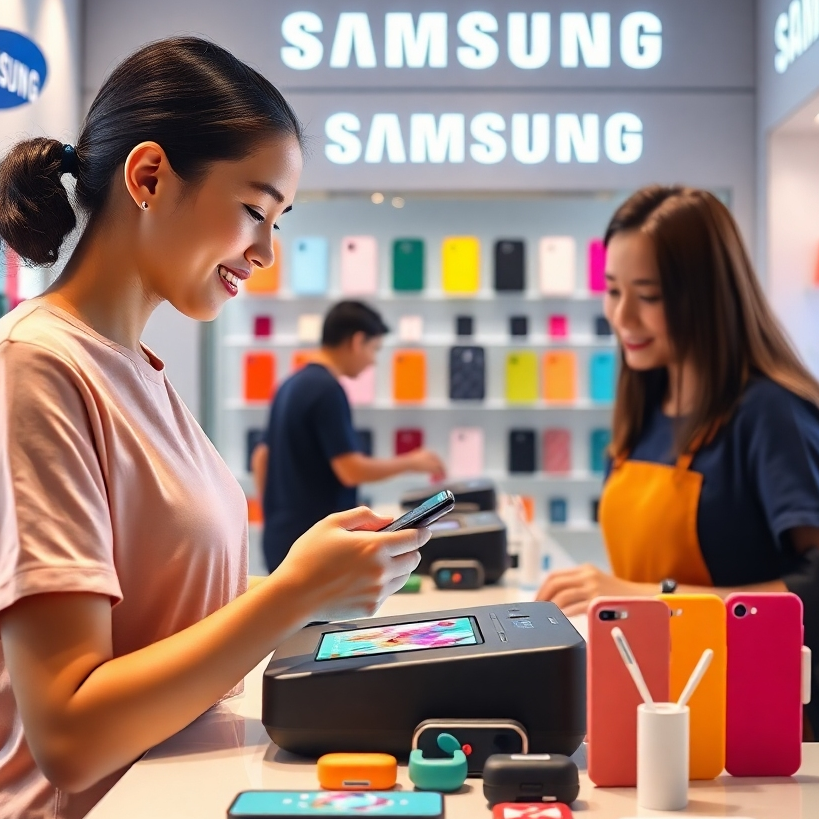 A photorealistic image (8K resolution, hyperrealistic) showcasing a Samsung Smart Cafe offering a personalized mobile accessory customization station.  The scene is brightly lit with soft, diffused lighting, emphasizing the vibrant colors of the various accessories. The image displays a clean, modern aesthetic with the Samsung brand subtly incorporated throughout. The color palette should be bright and energetic with a focus on showcasing the accessories' textures. The composition should show a customer interacting with a friendly Samsung staff member, personalizing their phone case with vibrant, colorful designs.  The shot is taken from a slightly elevated angle, showing the customer and staff member engaged in the customization process.  Materials include soft silicone phone cases, smooth glass screen protectors, and the high-tech, sleek design of the customization machine.  The background includes a well-organized display of different phone cases, skins, and charging accessories, adding to the engaging visual appeal. The style should be modern, clean, and inviting, inspired by the works of contemporary lifestyle photographers. Details such as reflections and textures should be crisp and hyperrealistic, capturing the vibrant colors and tactile quality of the accessories. The scene should convey the fun, interactive, and personalized experience.