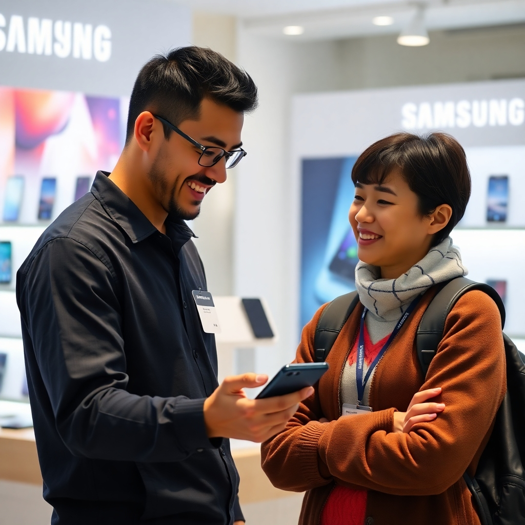 A photorealistic image depicting a Samsung Mobile Store employee patiently assisting a customer. The employee is smiling, showing a phone's feature on the screen, and the customer looks engaged and attentive. The background subtly shows various Samsung devices on display.  The scene should be bright, positive, and portray a helpful customer service experience.