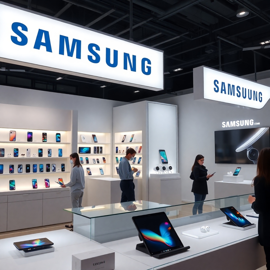 A photorealistic image of a clean, modern Samsung mobile store interior.  Well-lit displays showcase a variety of Samsung Galaxy phones, tablets, smartwatches, and earbuds.  The store is brightly lit, with friendly staff assisting customers.  High-quality product images are clearly visible. The overall aesthetic should be sleek and minimalist, reflecting the Samsung brand.