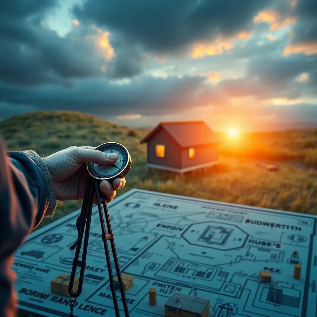 A photorealistic image of a person using a compass and a dowsing rod to analyze the energy of a piece of land, with a house blueprint overlaid on the land.