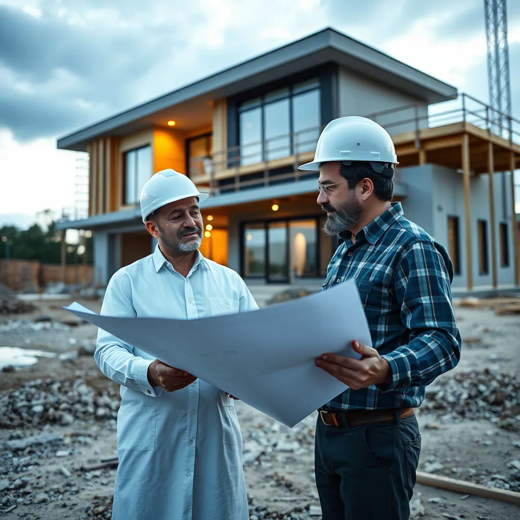 A photorealistic image of an architect and a vastu consultant working together on a construction site, reviewing blueprints and discussing plans, with a modern, sustainable house under construction in the background.