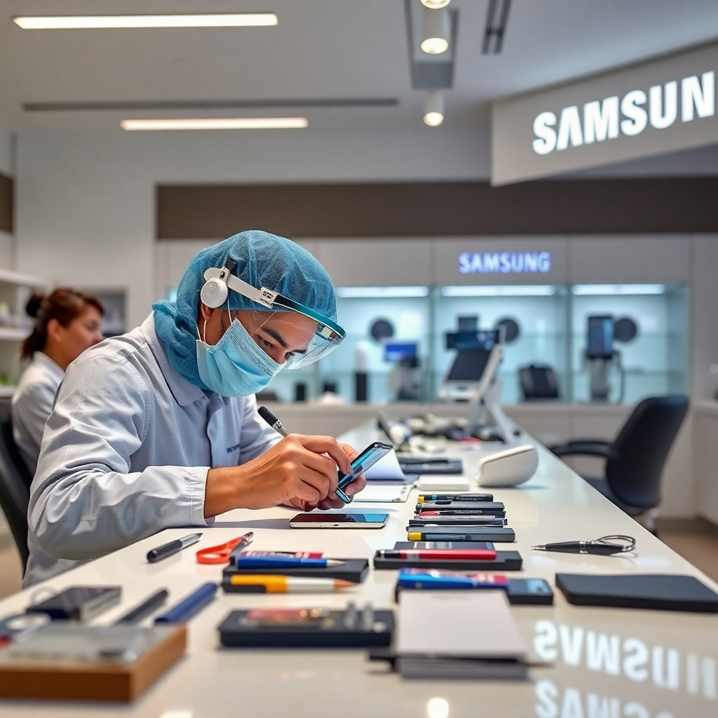 A photorealistic image showing a technician working on a Samsung phone at a clean, organized repair counter within a Samsung Mobile Store.  Tools are neatly arranged, and the overall atmosphere is professional and reassuring.  The image should be clear and bright, highlighting the meticulous care given to repairs.  A satisfied customer is in the background, waiting patiently.