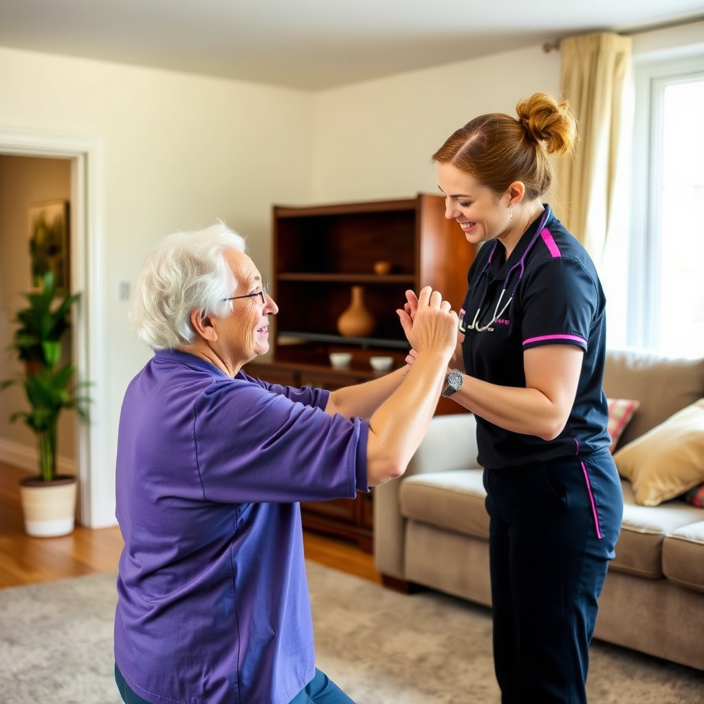Physiotherapist assisting patient at home