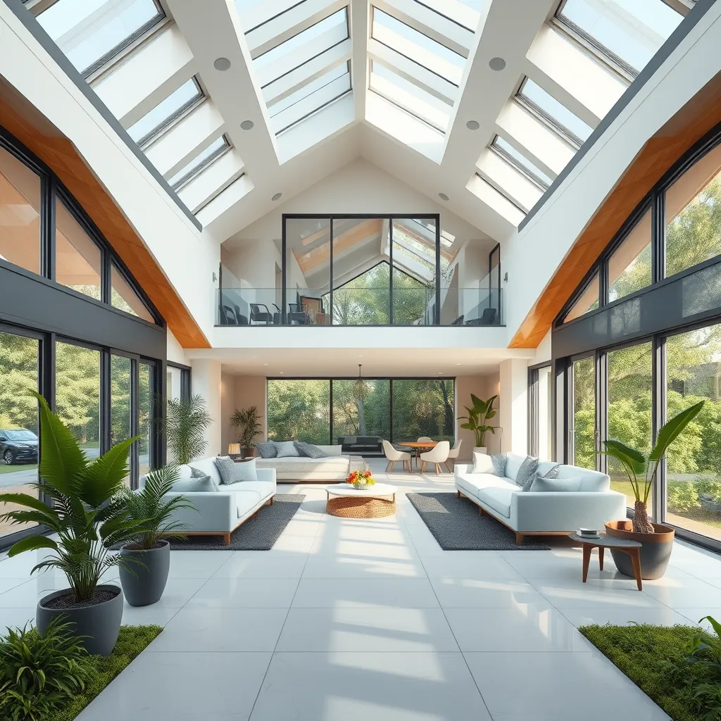 A spacious and airy house with large windows allowing ample natural light, well-ventilated rooms, and a functional layout that maximizes space utilization. The house is designed with a focus on sustainability and modern design elements.