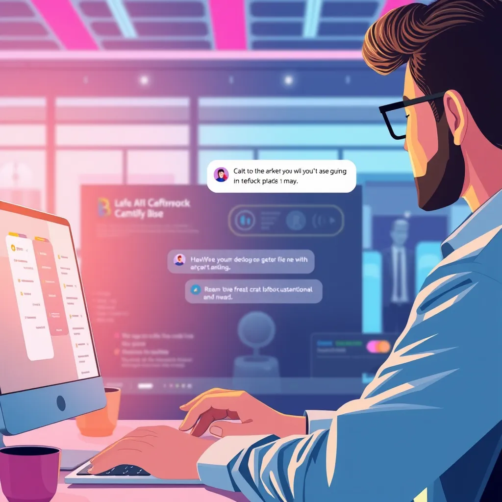 A stylized illustration of a customer interacting with a website, with a chat window open on the side. The chat window shows a friendly AI chatbot, instantly responding to the customer's query. The background should be a vibrant, modern office setting, with a sleek website interface and a futuristic design aesthetic.