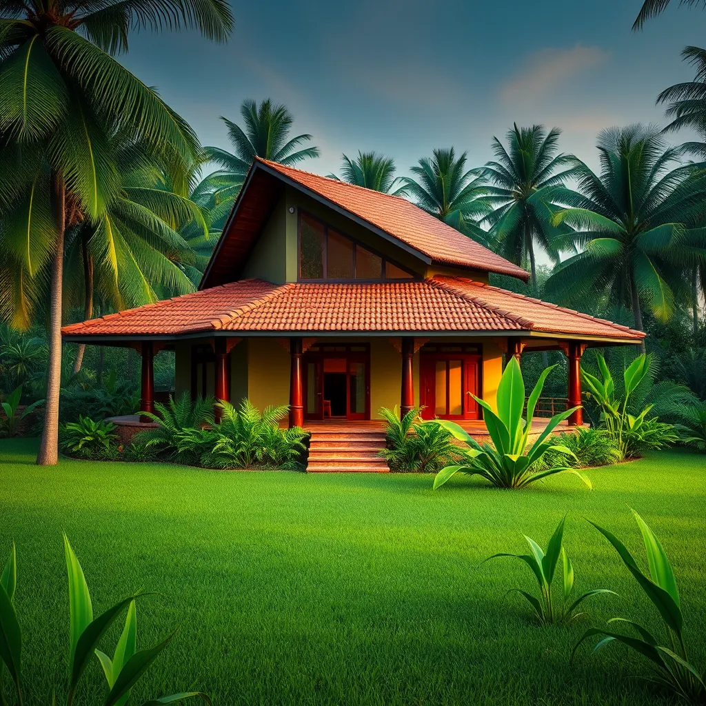 A traditional Kerala style house with a lush green garden, surrounded by coconut trees. The house has a sloping roof, open verandah, and large windows. The image should highlight the harmonious blend of nature and architecture, emphasizing the positive energy and well-being associated with vastu principles.
