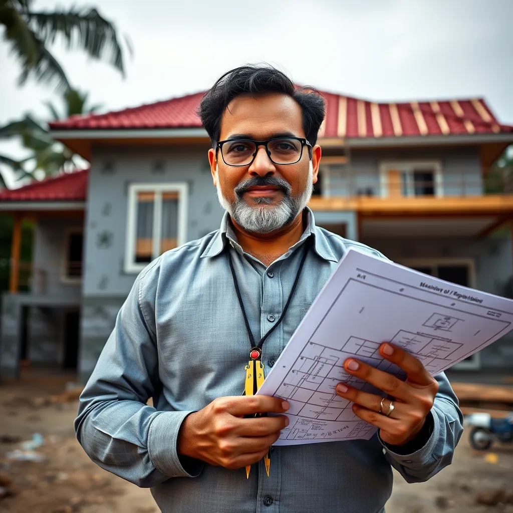 A vastu expert holding a compass and a blueprint, standing in front of a partially constructed house. The image should showcase the expert's knowledge and expertise, highlighting the use of vastu principles in planning and construction.