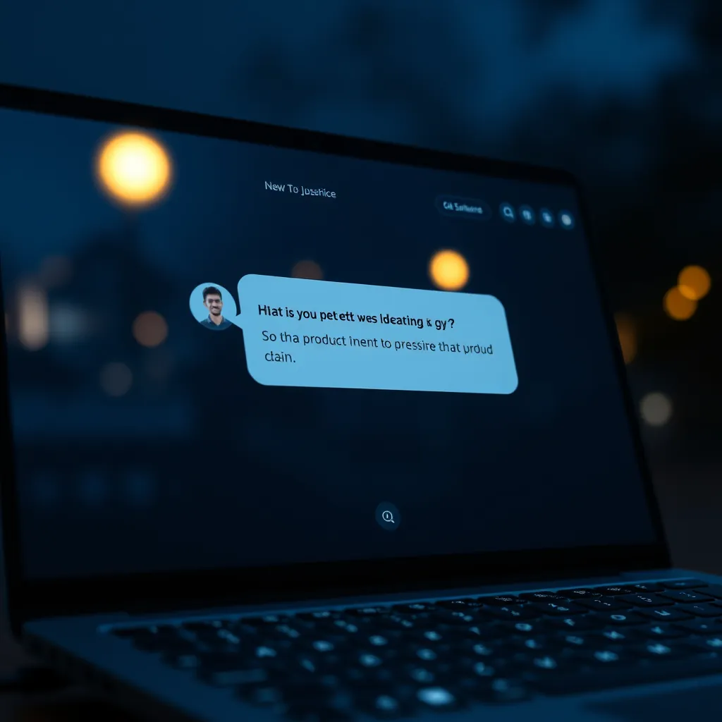 A website with a chat assistant bubble prominently displayed. The assistant is answering a user's question about a product. The image should show a serene, nighttime setting with the website glowing softly, emphasizing the 24/7 availability of the AI assistant.