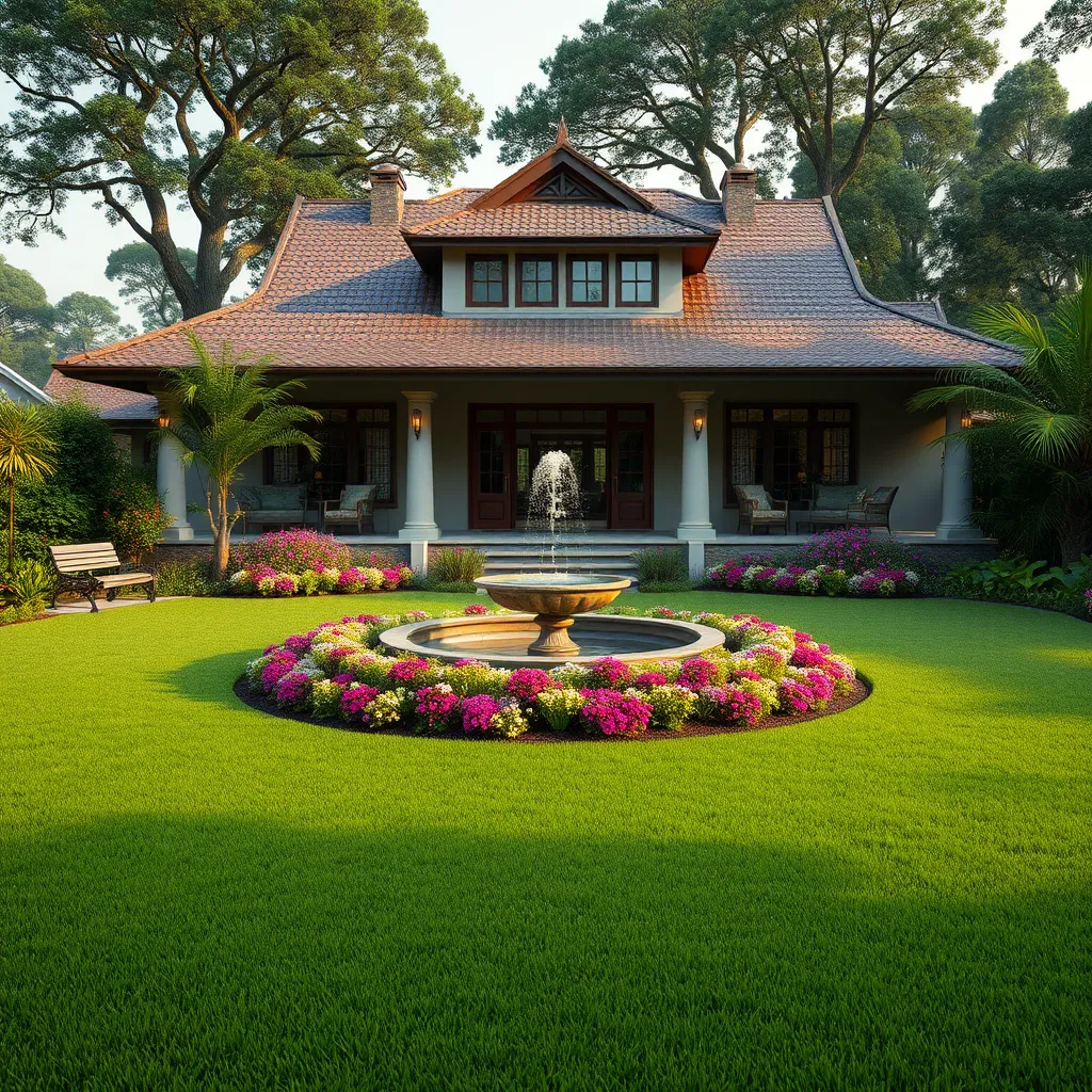 A well-maintained, lush green lawn surrounding a house with a central courtyard featuring a water fountain and a vibrant flower garden. The house is designed with a modern yet traditional aesthetic.