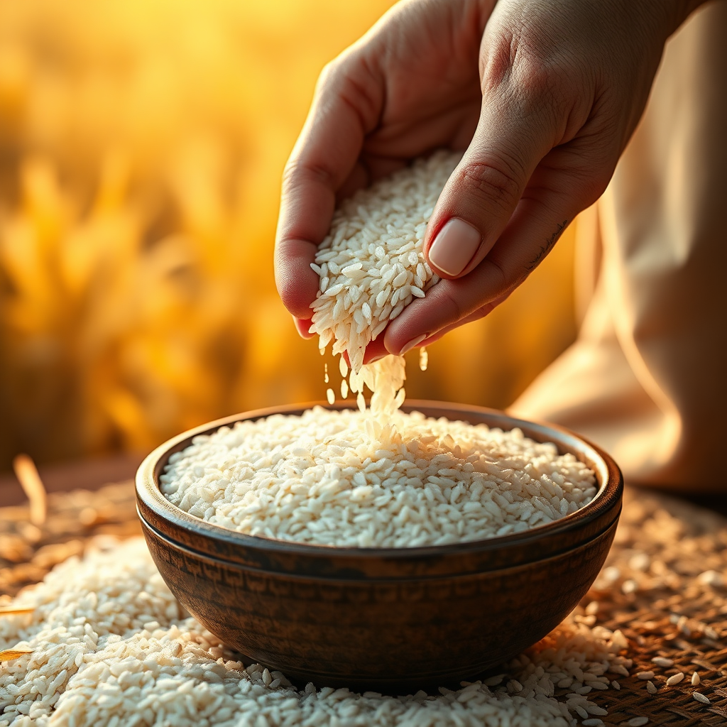 Create a photorealistic image representing Nourlina's mission of providing high-quality rice and sugar. The image should feature a close-up of hands carefully pouring rice grains into a traditional Arabic bowl, with sugar crystals subtly shimmering in the background. The lighting should be warm and inviting, creating a sense of comfort and authenticity. The background should be soft and blurred, perhaps showing a glimpse of a sun-drenched field. The color palette should be dominated by natural tones, with accents of gold and white to suggest purity and quality. Consider incorporating elements of traditional Arabic design. The overall style should be elegant and understated, conveying a sense of trust and reliability. The camera angle should be slightly elevated, focusing on the interaction between the hands and the grains. Technical specs: 4K resolution, high quality rendering.
