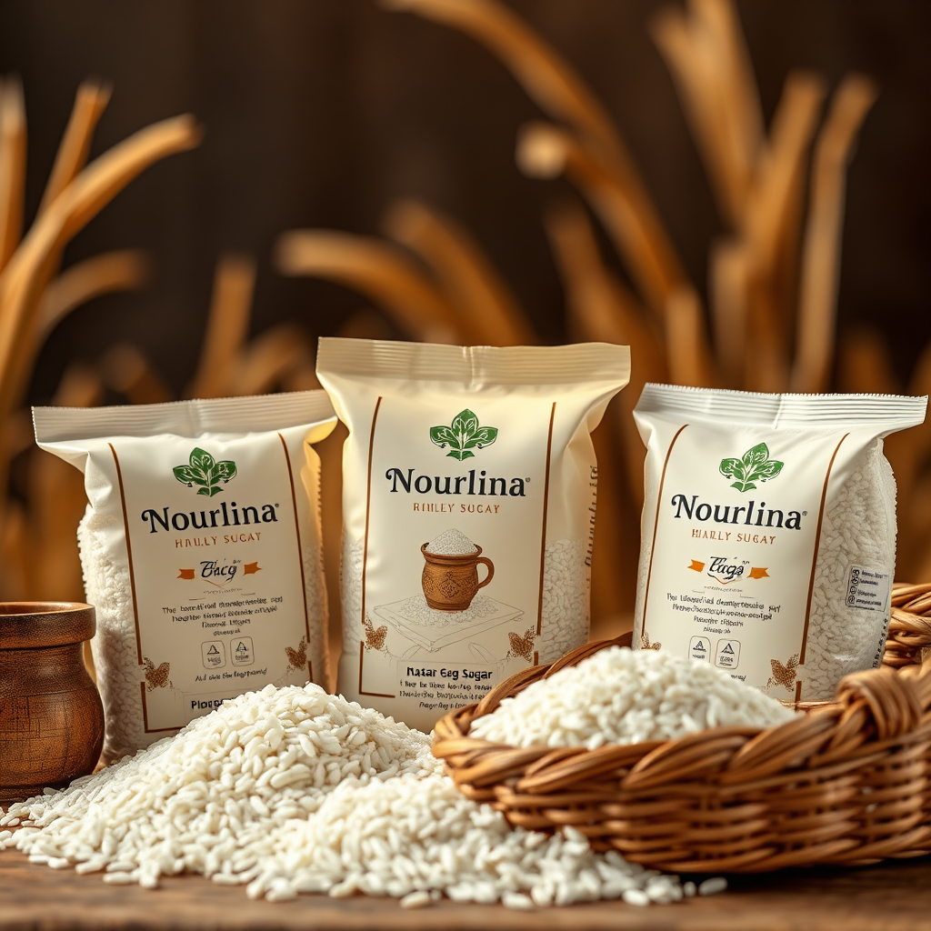 Create a photorealistic, ultra-high quality hero image for "Nourlina", showcasing the preview of their rice and sugar packages. The image should feature meticulously arranged packages of rice and sugar, with a focus on the textures of the grains and sugar crystals. Use warm, inviting lighting with soft shadows to highlight the quality and freshness of the products. The background should be a blurred, natural setting, perhaps a rice field or a sugar cane plantation, to suggest the origin of the ingredients. Consider a slightly elevated camera angle for a grand presentation. Include subtle props like a traditional Arabic measuring cup or a woven basket. The color palette should be earthy and natural, with tones of beige, brown, and white. The overall style should evoke a sense of trust, quality, and authenticity. Reference the style of food photography found in high-end magazines. Technical specs: 8K resolution, hyperrealistic rendering.
