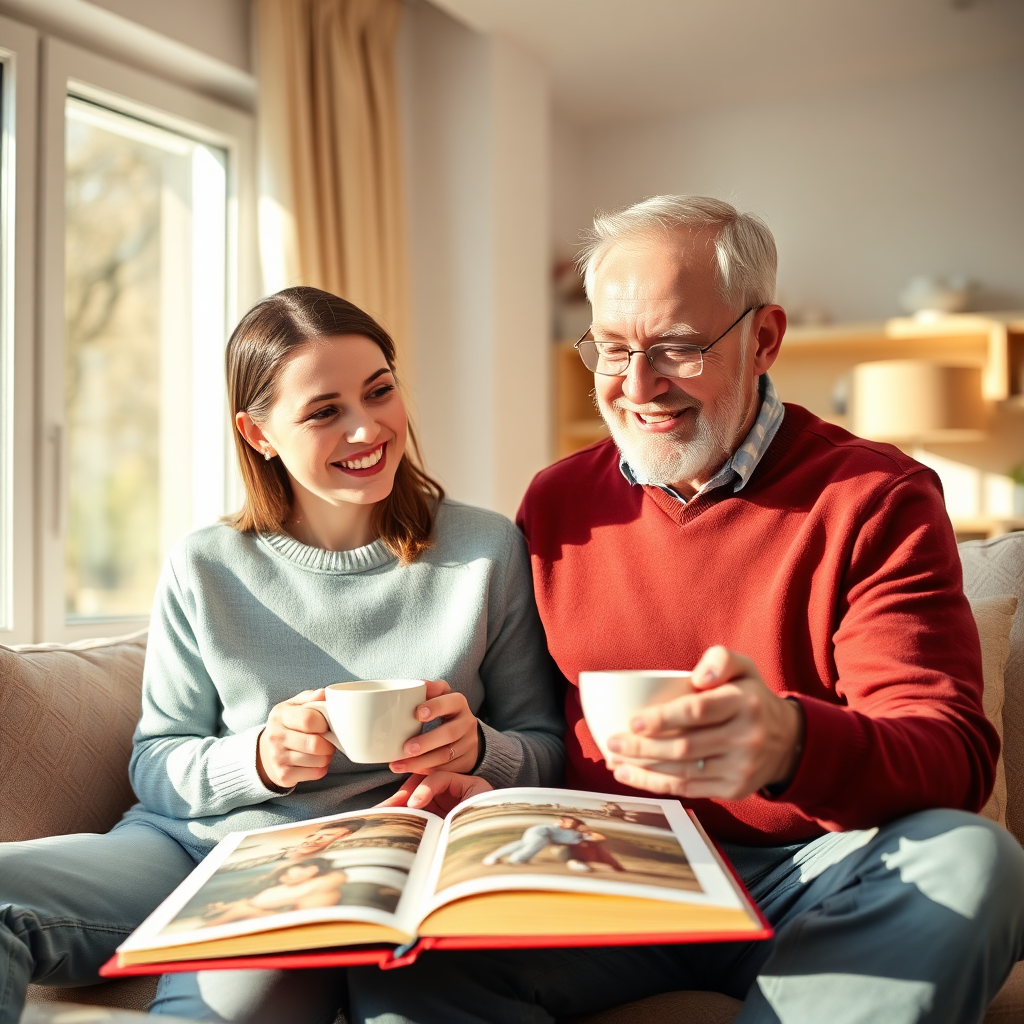 Support worker laughing with an elderly client in a cozy home setting