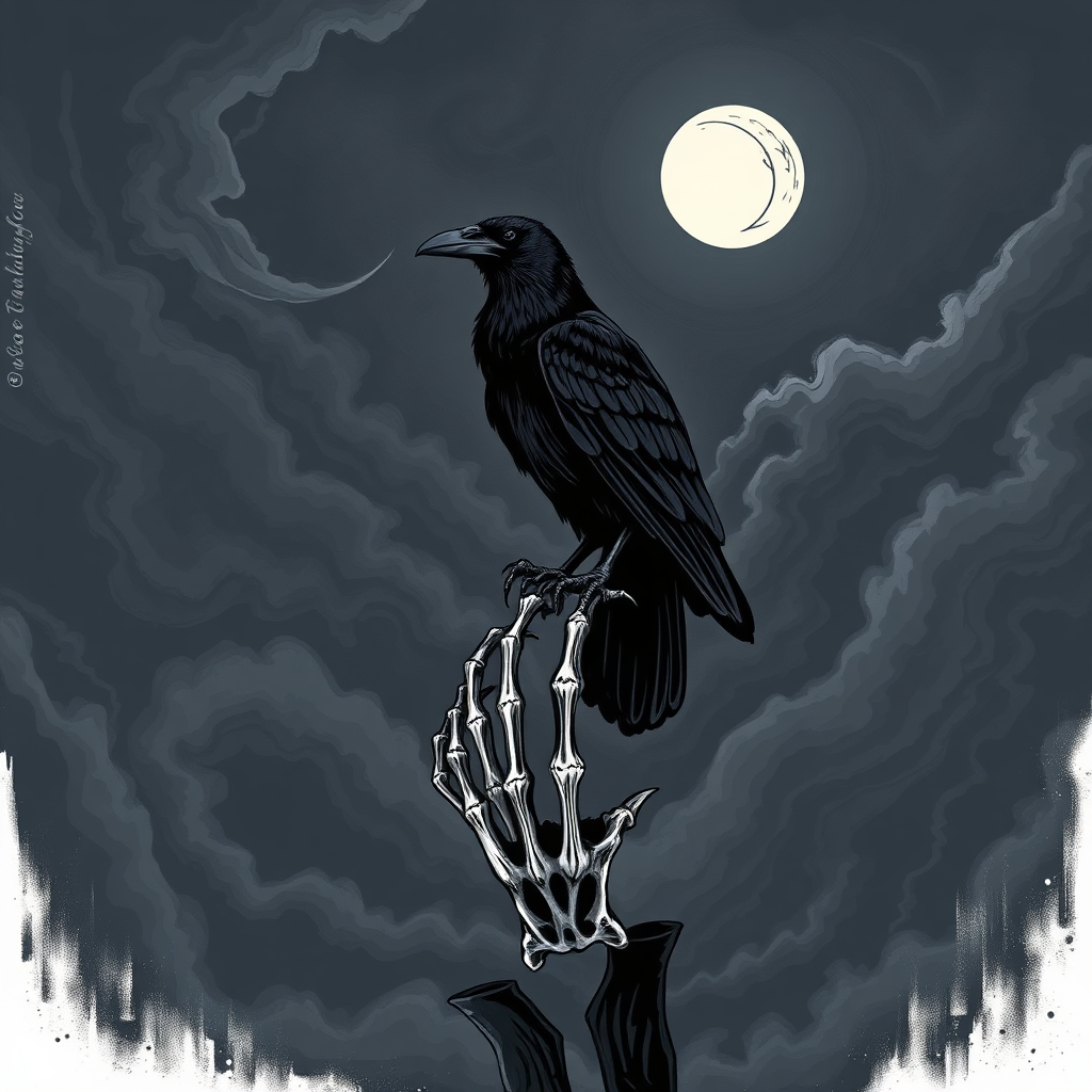 Gothic art print of a raven on a skeletal hand