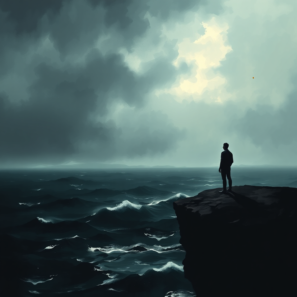 Art print of a solitary figure on a cliff overlooking a stormy sea