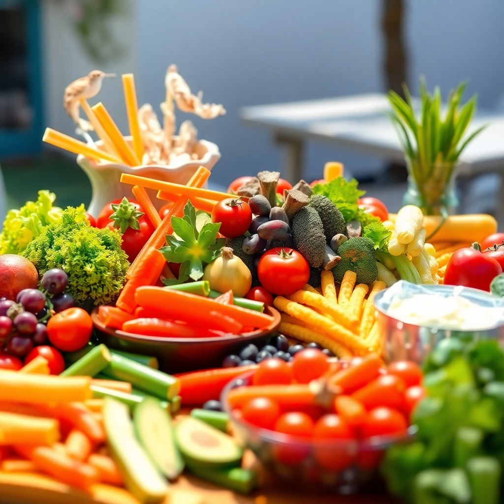 A colorful display of a balanced meal with a variety of fresh ingredients arranged attractively on a table. Bright, vibrant colors stimulate the senses, symbolizing the connection between nutrition and health. The setting should be outdoor with natural light enhancing the freshness of the food.