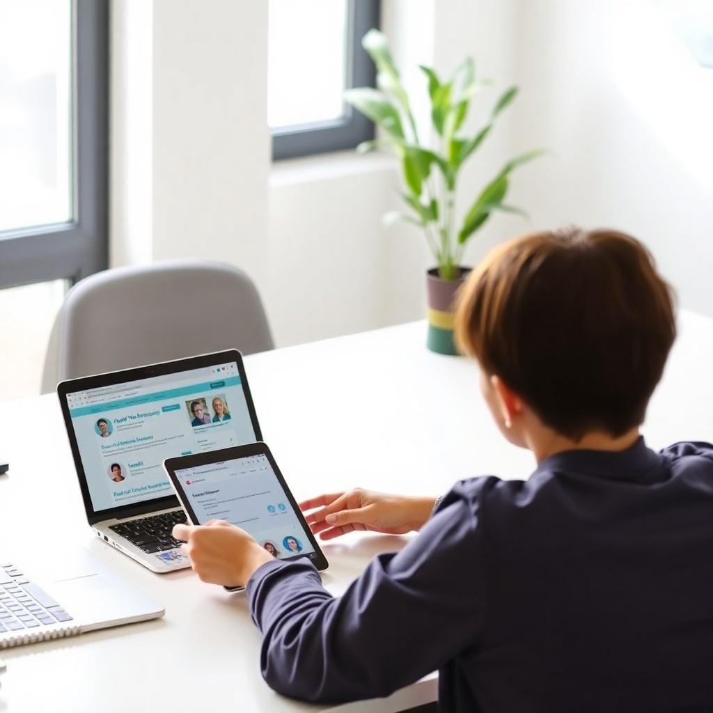 A contemporary digital workspace portraying a person engaging with online wellness resources, surrounded by a laptop, tablet, and a notepad. The bright and organized environment highlights the convenience and accessibility of online learning.