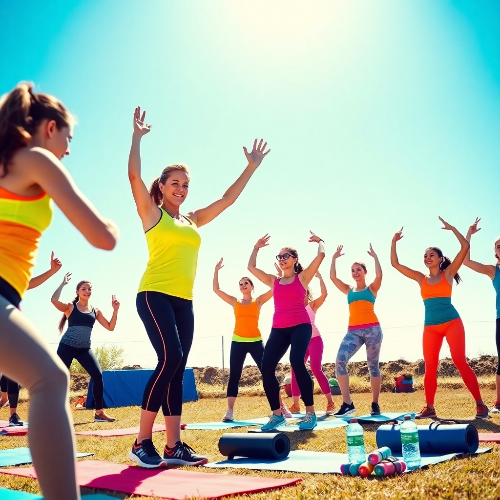 A dynamic image of a fitness instructor leading a group exercise class outdoors, illustrating the transformation of stress into physical activity. The vibrant colors of workout gear against a bright blue sky create an energetic atmosphere. Props can include exercise mats and water bottles, showcasing an active and healthy lifestyle.