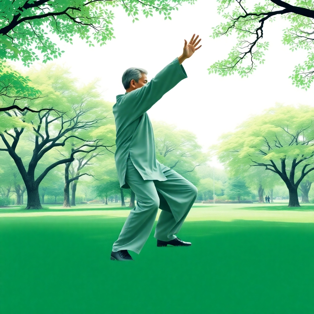 A dynamic image of a person engaged in tai chi in a park, with a backdrop of flourishing trees. The gentle motion of the practice harmonizes with the natural environment. The color palette should include soft greens and blues, aiming to illustrate serenity and balance.