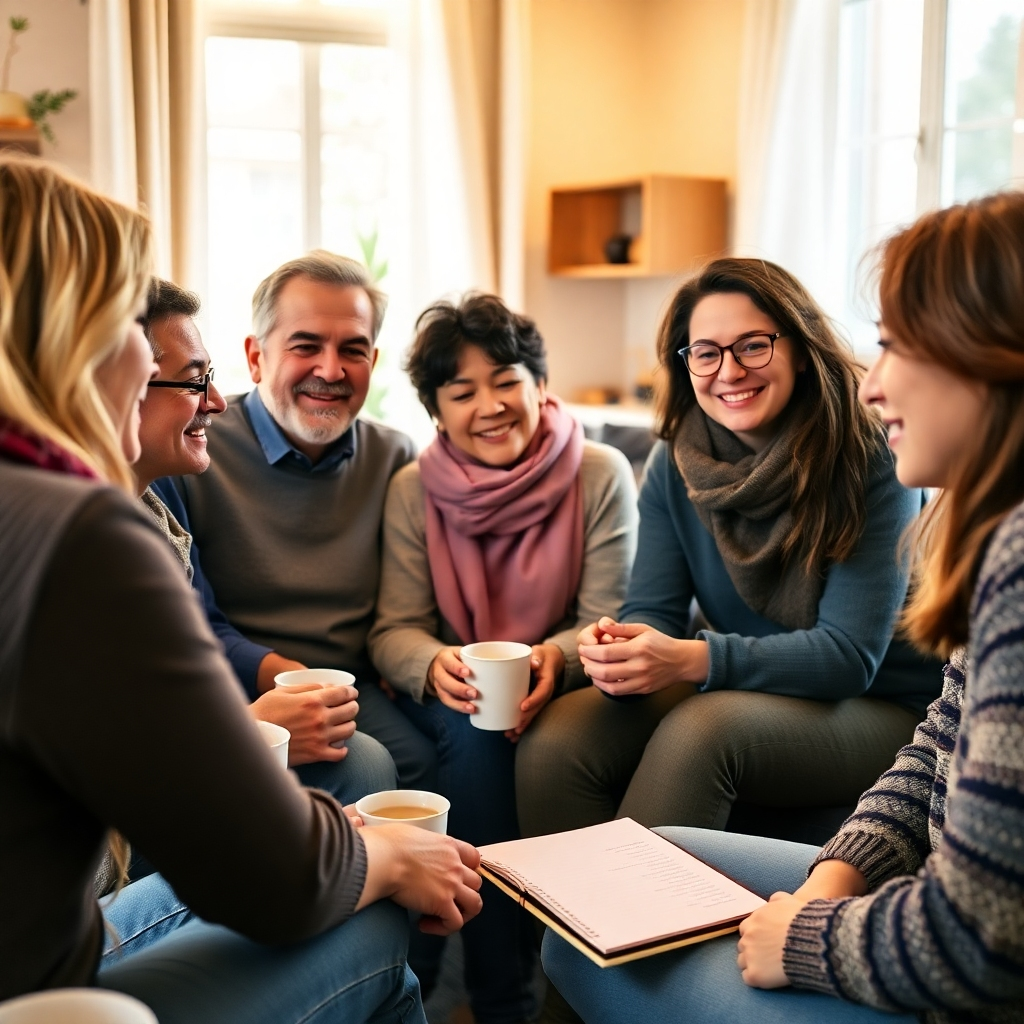 A heartwarming image of a support group sharing experiences, with diverse individuals gathered in a cozy setting. The lighting should be warm and inviting, highlighting expressions of empathy and understanding. Props like coffee cups and notebooks are included to create an approachable atmosphere, emphasizing connection and community.